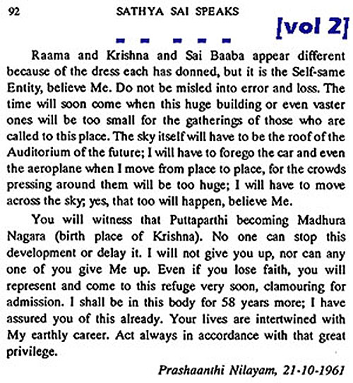 Sathya Sai Baba predicts he will fly unaided and die aged 92-3